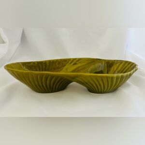 Vintage California Pottery Nut Candy Dish Bowl Oval Green Ridges MCM T211 14.5”L